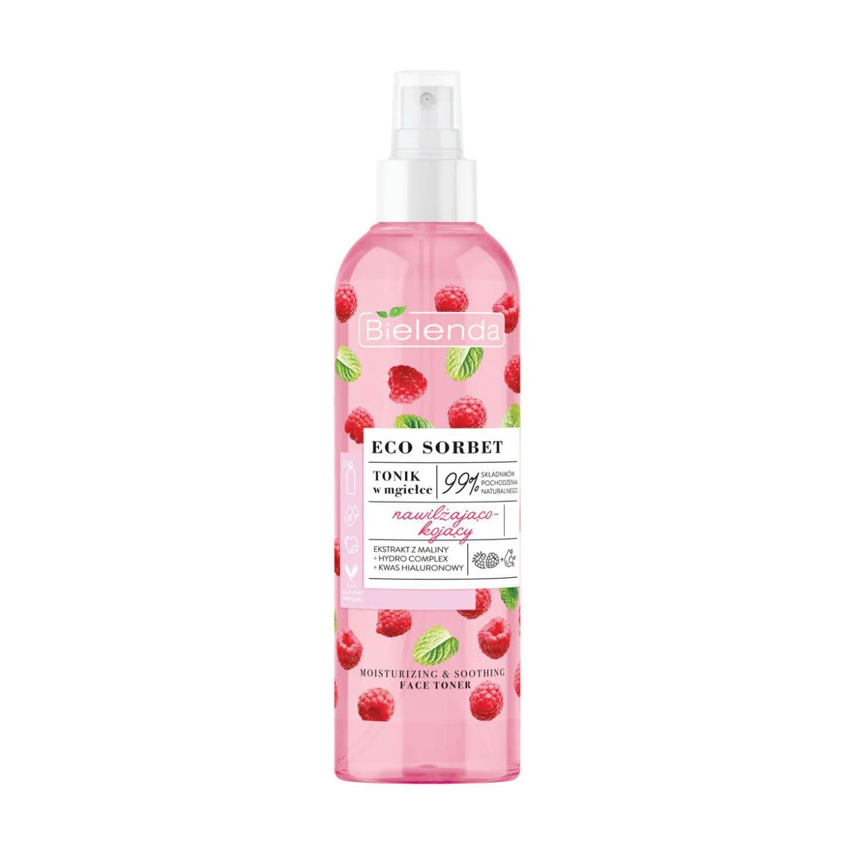 Зволожувальний та заспокійливий тонік-спрей для обличчя Bielenda Eco Sorbet Moisturizing &amp; Soothing Face Toner з екстрактом малини, 200 мл